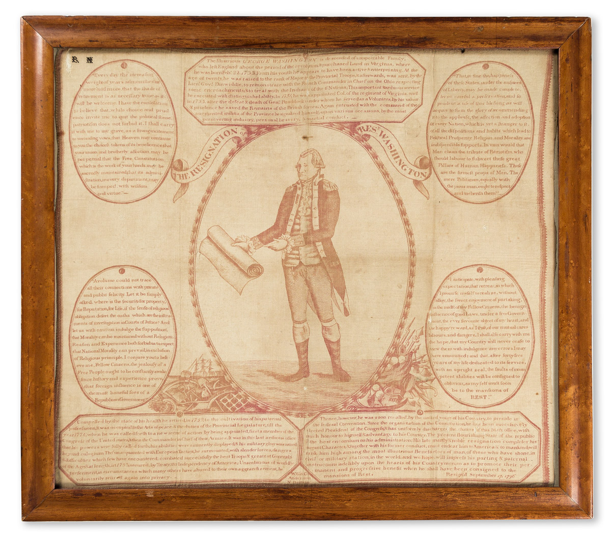 (GEORGE WASHINGTON.) Textile titled The Resignation of Prest Washington.
